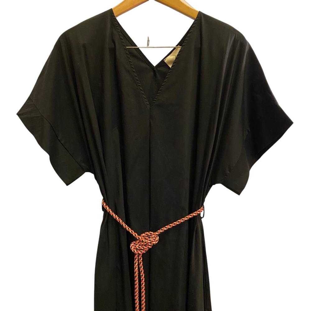 DX Italy Black Cotton Lagenlook Minimalist Midi Dress Rope Belt sz L - Picture 2 of 15